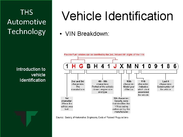 THS Automotive Technology Introduction to vehicle Identification Vehicle Identification • VIN Breakdown: 