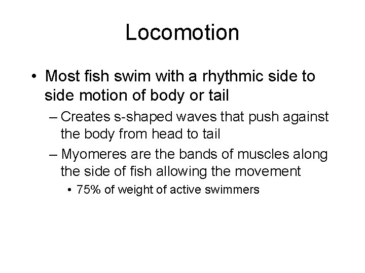 Locomotion • Most fish swim with a rhythmic side to side motion of body