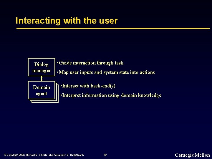 Interacting with the user Dialog manager Domain agent • Guide interaction through task •