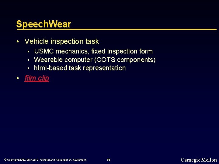 Speech. Wear • Vehicle inspection task • • • USMC mechanics, fixed inspection form