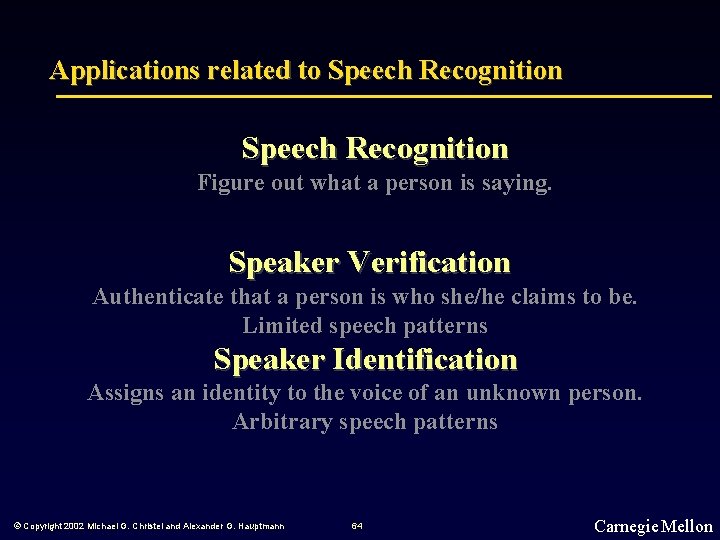 Applications related to Speech Recognition Figure out what a person is saying. Speaker Verification