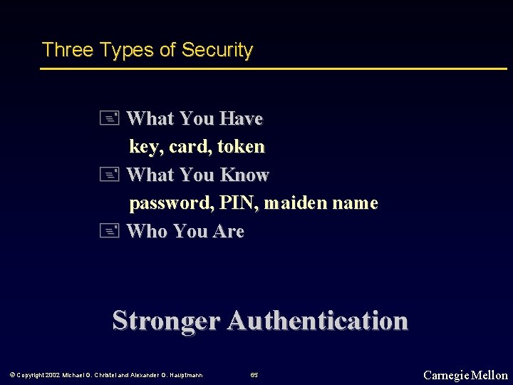 Three Types of Security + What You Have key, card, token + What You