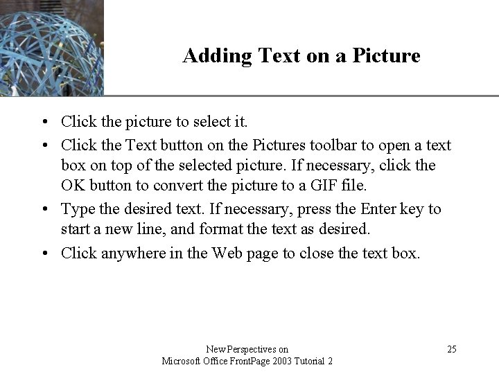 XP Adding Text on a Picture • Click the picture to select it. •
