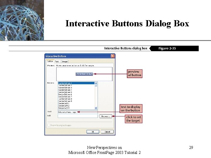 Interactive Buttons Dialog Box New Perspectives on Microsoft Office Front. Page 2003 Tutorial 2