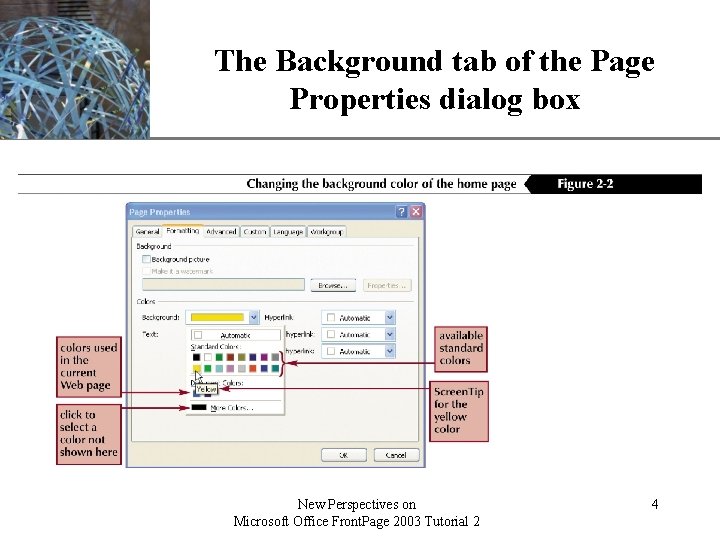 The Background tab of the Page XP Properties dialog box New Perspectives on Microsoft