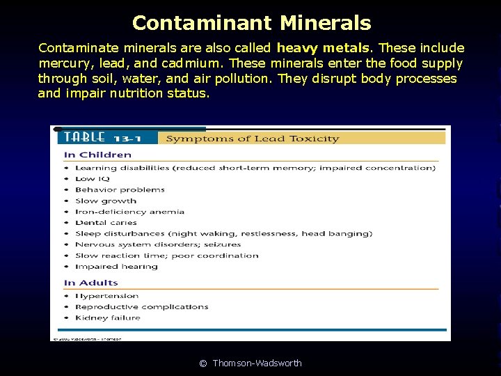 Contaminant Minerals Contaminate minerals are also called heavy metals. These include mercury, lead, and