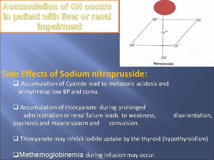 Accumulation of CN occurs in patient with liver or renal impairment Side Effects of