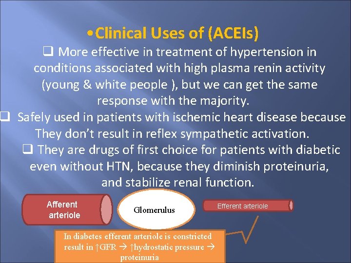  • Clinical Uses of (ACEIs) More effective in treatment of hypertension in conditions