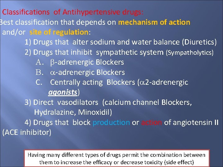 Classifications of Antihypertensive drugs: Best classification that depends on mechanism of action and/or site