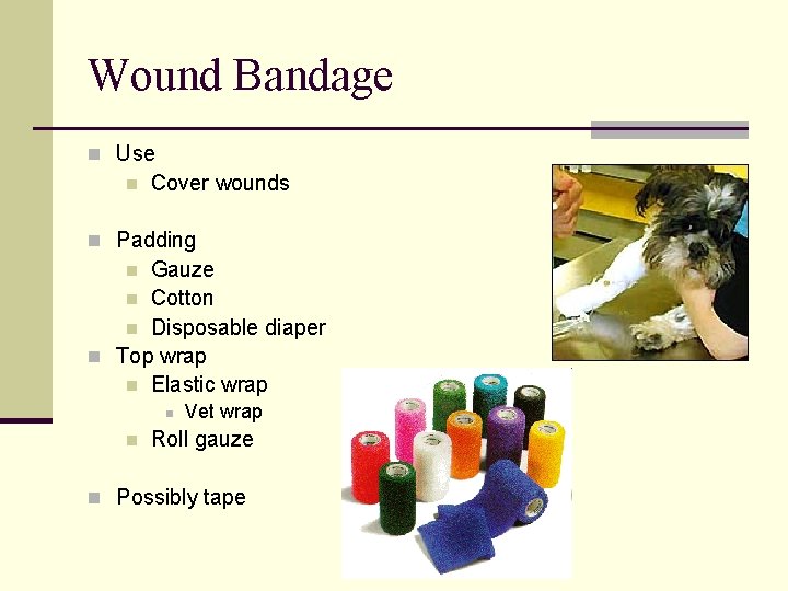 Wound Bandage n Use n Cover wounds n Padding Gauze n Cotton n Disposable