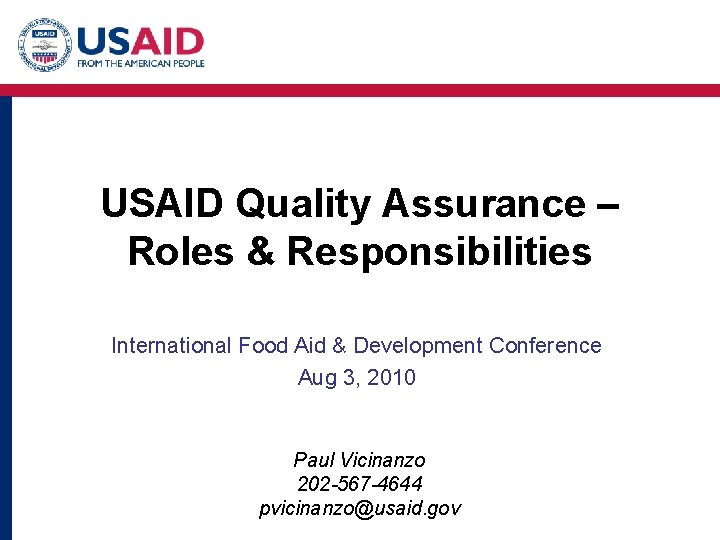 USAID Quality Assurance Roles Responsibilities International Food Aid