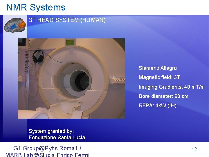 NMR Systems 3 T HEAD SYSTEM (HUMAN) Siemens Allegra Magnetic field: 3 T Imaging