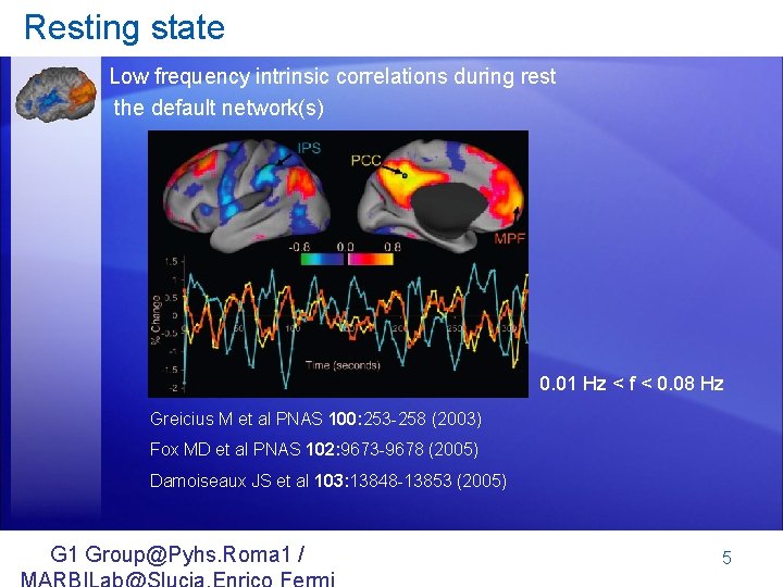 Resting state Low frequency intrinsic correlations during rest the default network(s) 0. 01 Hz