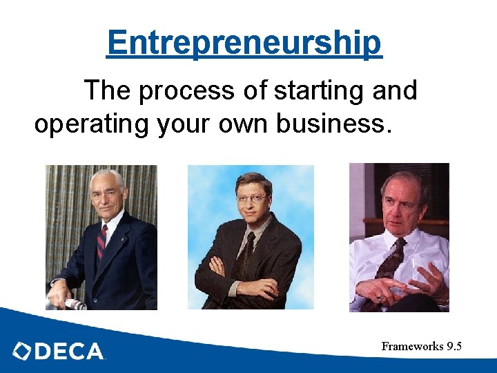 Entrepreneurship The process of starting and operating your own business. Frameworks 9. 5 