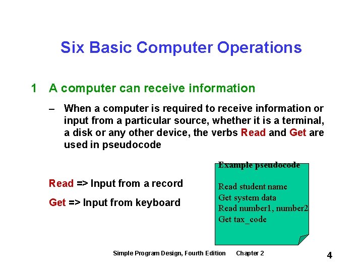 Six Basic Computer Operations 1 A computer can receive information – When a computer
