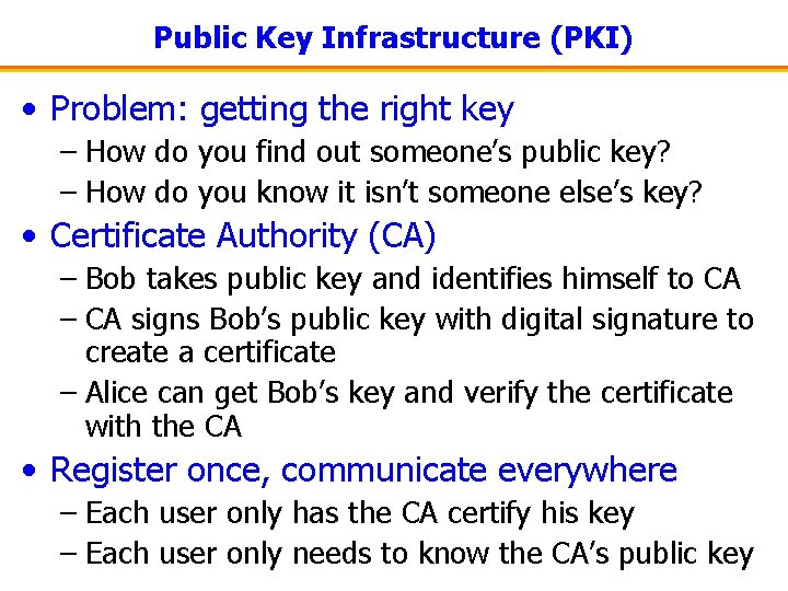 Public Key Infrastructure (PKI) • Problem: getting the right key – How do you