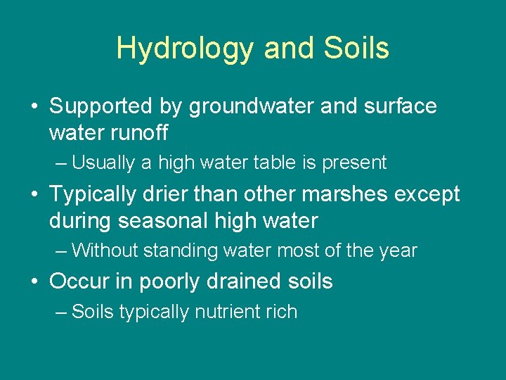 Hydrology and Soils • Supported by groundwater and surface water runoff – Usually a
