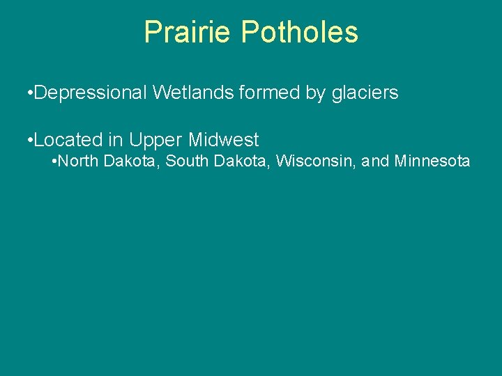 Prairie Potholes • Depressional Wetlands formed by glaciers • Located in Upper Midwest •