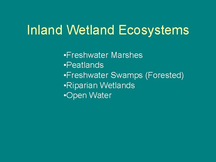 Inland Wetland Ecosystems • Freshwater Marshes • Peatlands • Freshwater Swamps (Forested) • Riparian