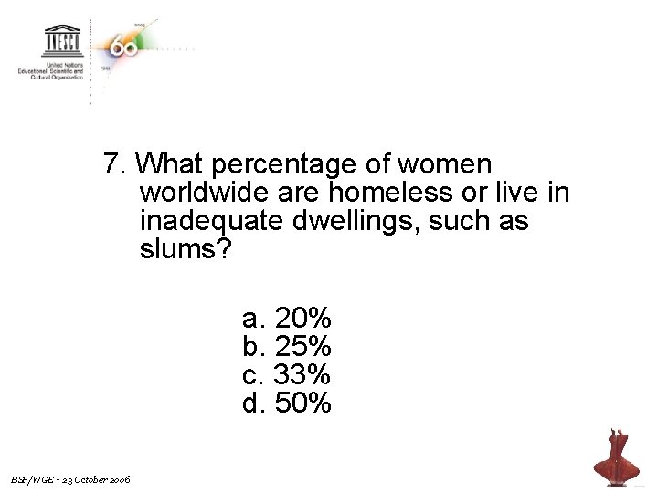 7. What percentage of women worldwide are homeless or live in inadequate dwellings, such