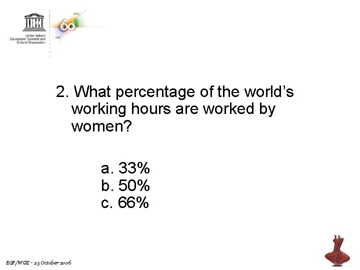 2. What percentage of the world’s working hours are worked by women? a. 33%