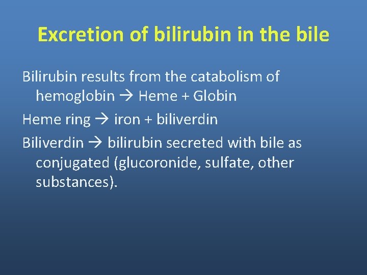 Excretion of bilirubin in the bile Bilirubin results from the catabolism of hemoglobin Heme Excretion of bilirubin in the bile Bilirubin results from the catabolism of hemoglobin Heme