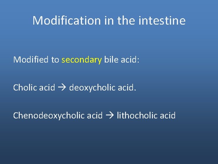 Modification in the intestine Modified to secondary bile acid: Cholic acid deoxycholic acid. Chenodeoxycholic Modification in the intestine Modified to secondary bile acid: Cholic acid deoxycholic acid. Chenodeoxycholic