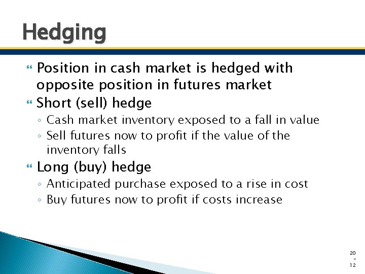Hedging Position in cash market is hedged with opposite position in futures market Short