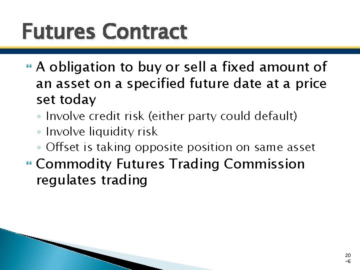 Futures Contract A obligation to buy or sell a fixed amount of an asset