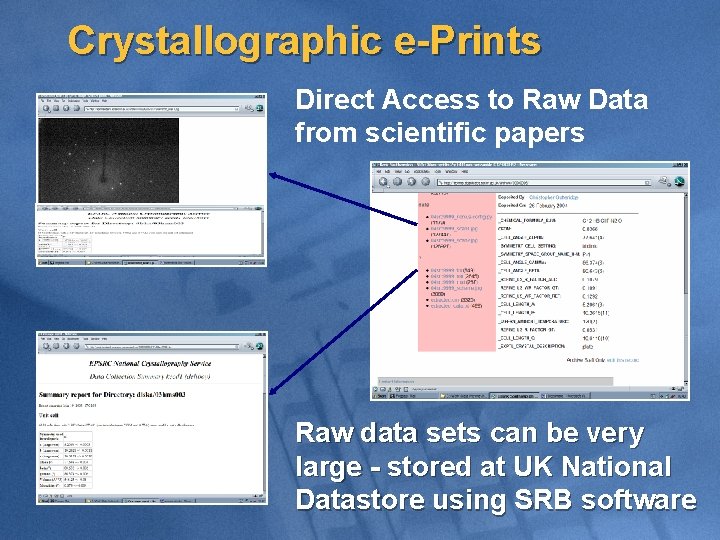 Crystallographic e-Prints Direct Access to Raw Data from scientific papers Raw data sets can