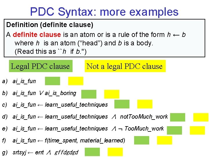 PDC Syntax: more examples Definition (definite clause) A definite clause is an atom or