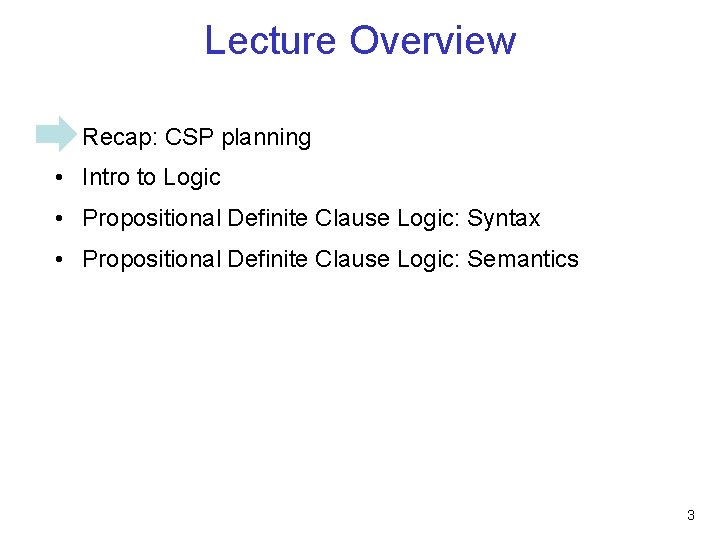 Lecture Overview • Recap: CSP planning • Intro to Logic • Propositional Definite Clause