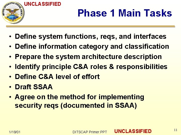 DITSCAP Primer UNCLASSIFIED UNCLASSIFIED DITSCAP Authority ASDC 3