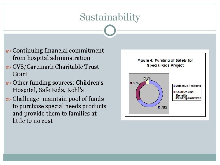 Sustainability Continuing financial commitment from hospital administration CVS/Caremark Charitable Trust Grant Other funding sources: