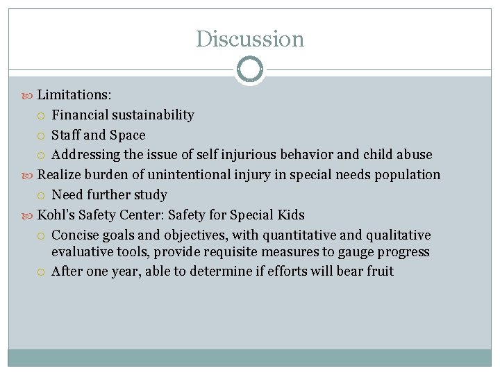 Discussion Limitations: Financial sustainability Staff and Space Addressing the issue of self injurious behavior