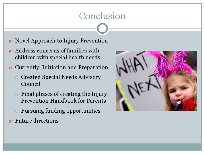 Conclusion Novel Approach to Injury Prevention Address concerns of families with children with special