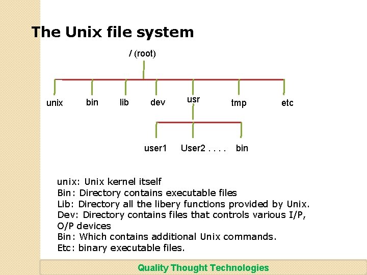 The Unix file system / (root) unix bin lib dev user 1 usr User
