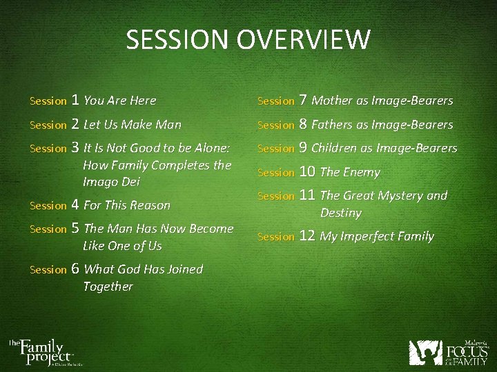 SESSION OVERVIEW Session 1 You Are Here Session 7 Mother as Image-Bearers Session 2