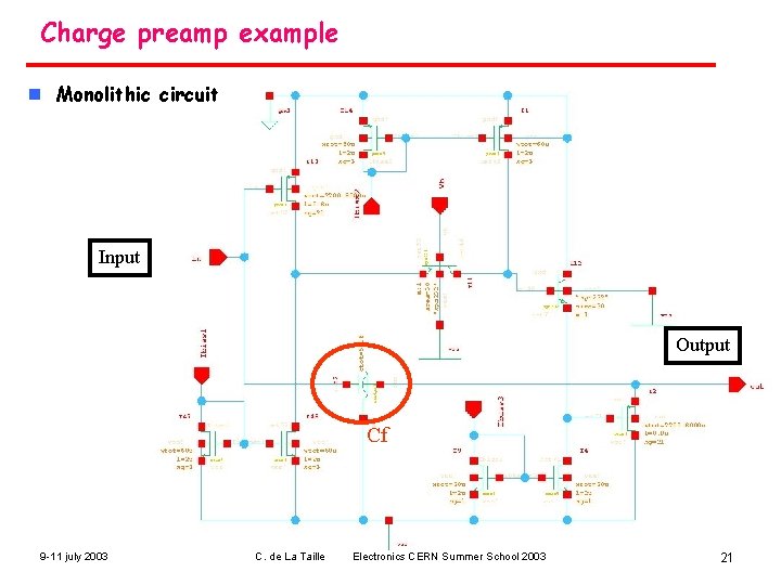 Charge preamp example n Monolithic circuit Input Output Cf 9 -11 july 2003 C.