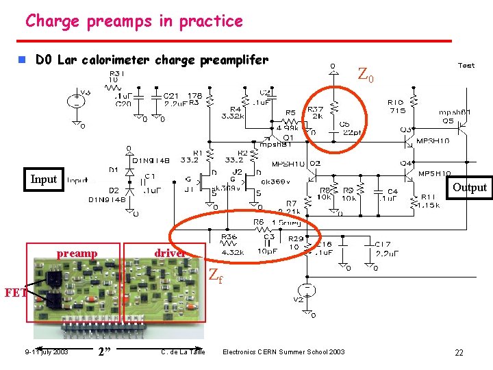 Charge preamps in practice n D 0 Lar calorimeter charge preamplifer Input Z 0