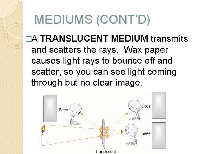 MEDIUMS (CONT’D) �A TRANSLUCENT MEDIUM transmits and scatters the rays. Wax paper causes light