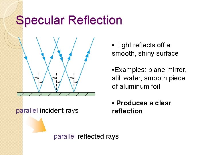 Specular Reflection • Light reflects off a smooth, shiny surface • Examples: plane mirror,