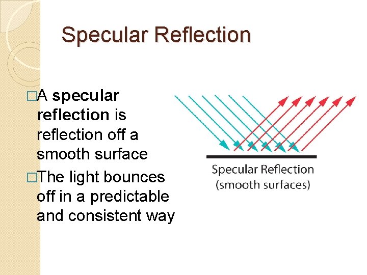 Specular Reflection �A specular reflection is reflection off a smooth surface �The light bounces