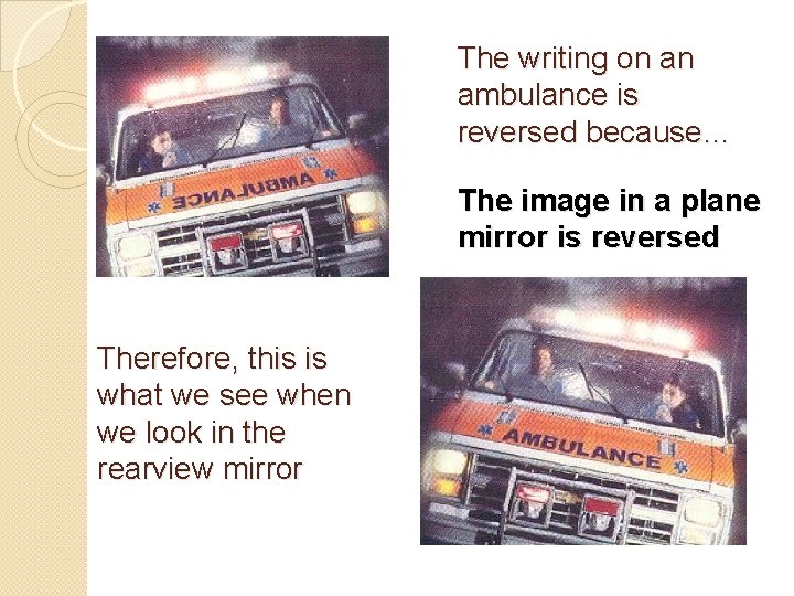 The writing on an ambulance is reversed because… The image in a plane mirror