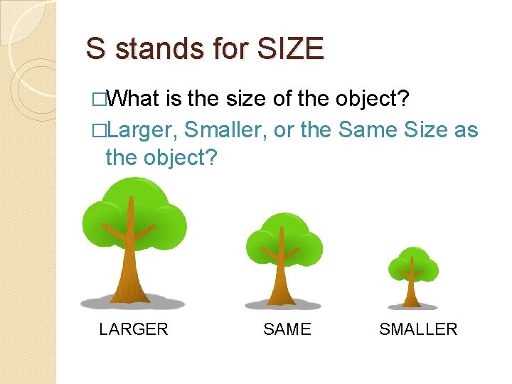 S stands for SIZE �What is the size of the object? �Larger, Smaller, or