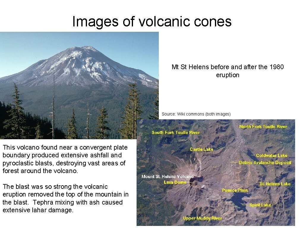 Images of volcanic cones Mt St Helens before and after the 1980 eruption Source: