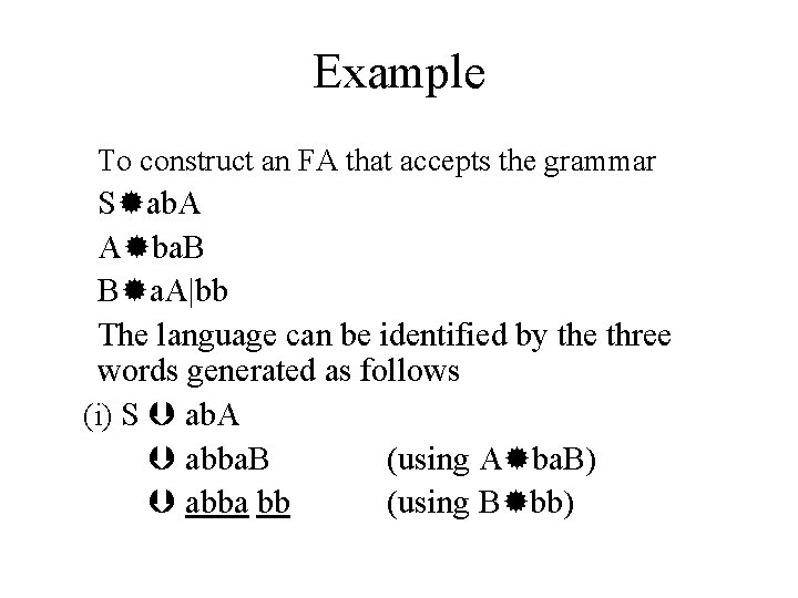 Example To construct an FA that accepts the grammar S ab. A A ba.