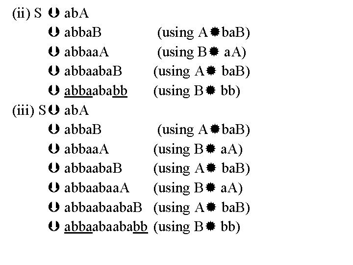 (ii) S ab. A abba. B abbaa. A abbaaba. B abbaababb (iii) S ab.