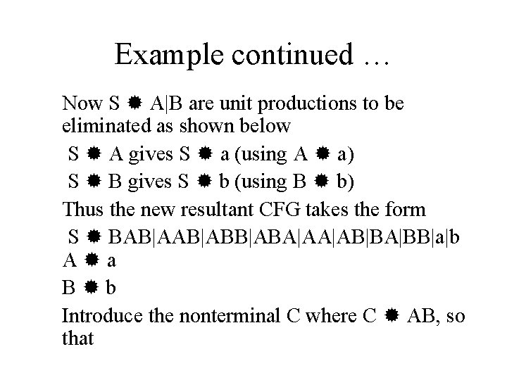 Example continued … Now S A|B are unit productions to be eliminated as shown