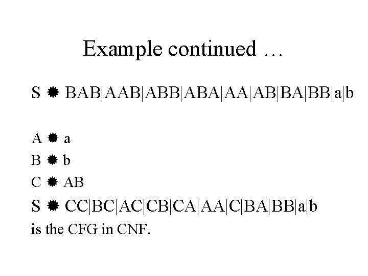 Example continued … S BAB|ABB|ABA|AA|AB|BA|BB|a|b A a B b C AB S CC|BC|AC|CB|CA|AA|C|BA|BB|a|b is
